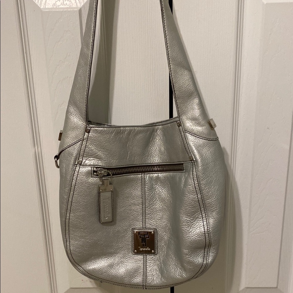 Tignanello Silver Leather Shoulder Bag